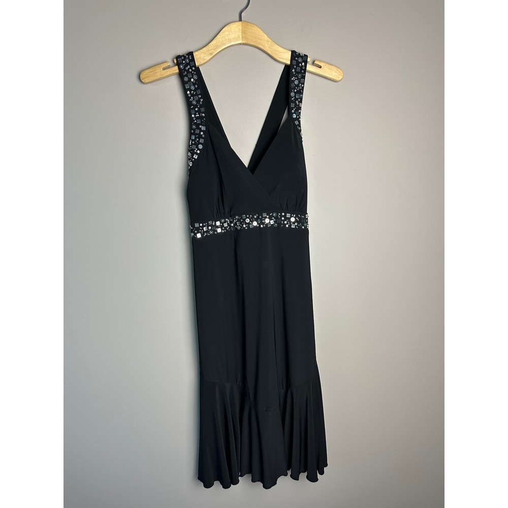 R&M Richards Petite Black Beaded Empire Waist Crisscross Back Cocktail Dress 12P